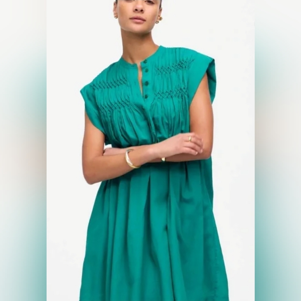 NWT $138 Madewell Embroidered Pleated Green Mini Short Sleeve Dress Womens XS - Picture 5 of 11